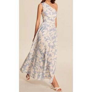 Commense  Blue & White Tropical One-Shoulder Midi Dress Size Split Sz Small NWT